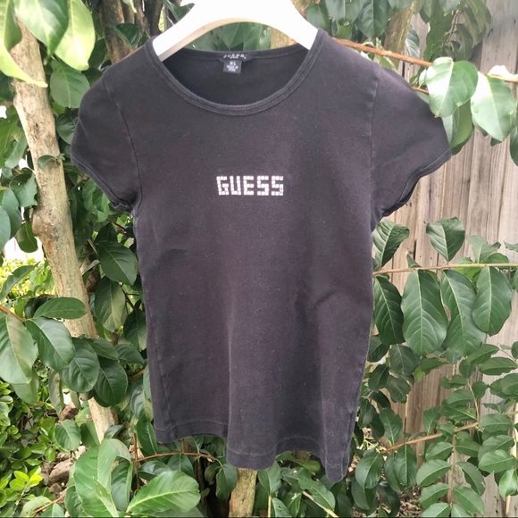 Guess Tops - Early 2000’s Guess Tee Shirt Black Silver Crystals